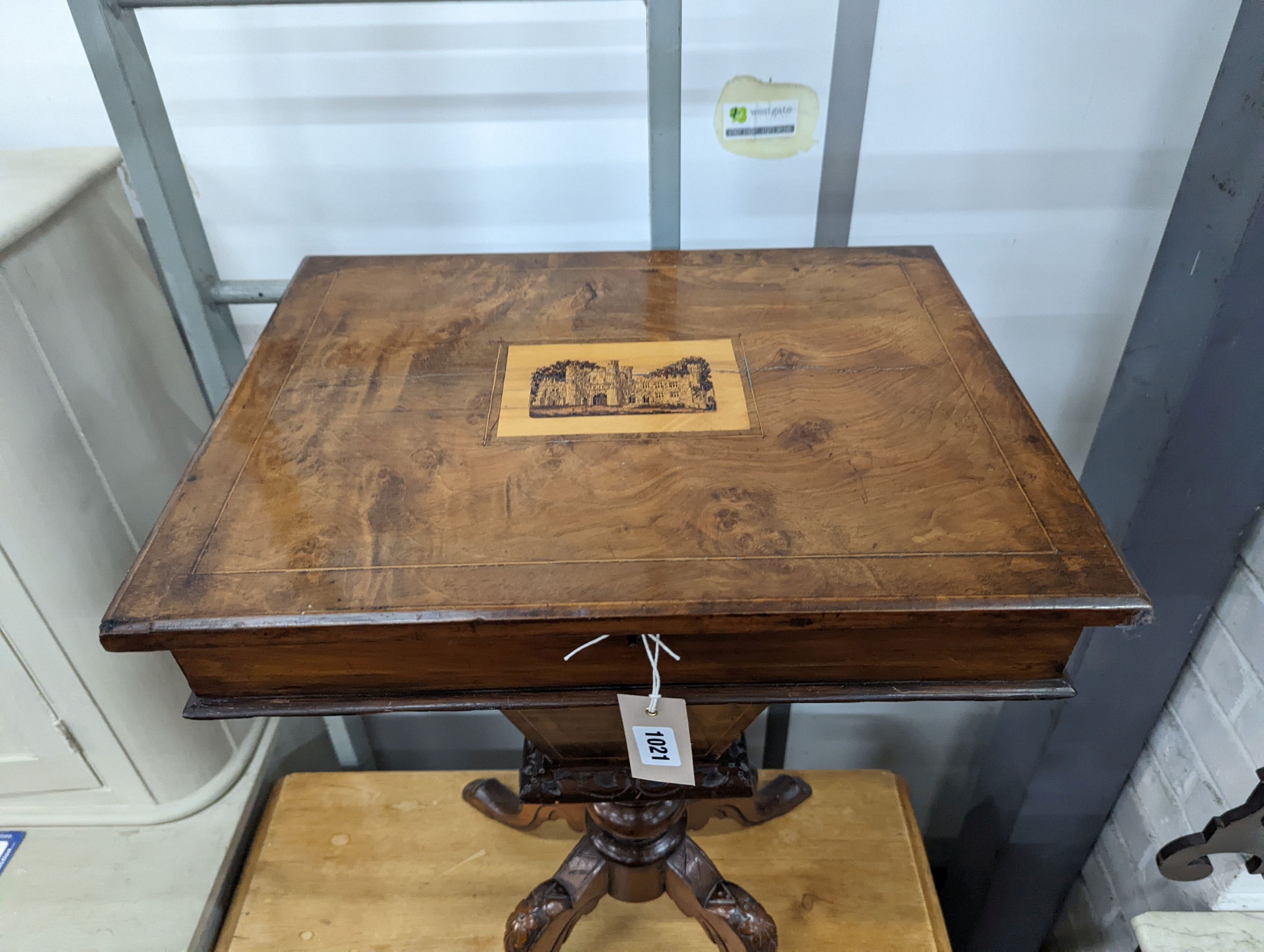 A Victorian walnut trumpet work table, the hinged top inset with a Tunbridge inlaid view of Eridge Castle, width 49cm, depth 38cm, height 72cm